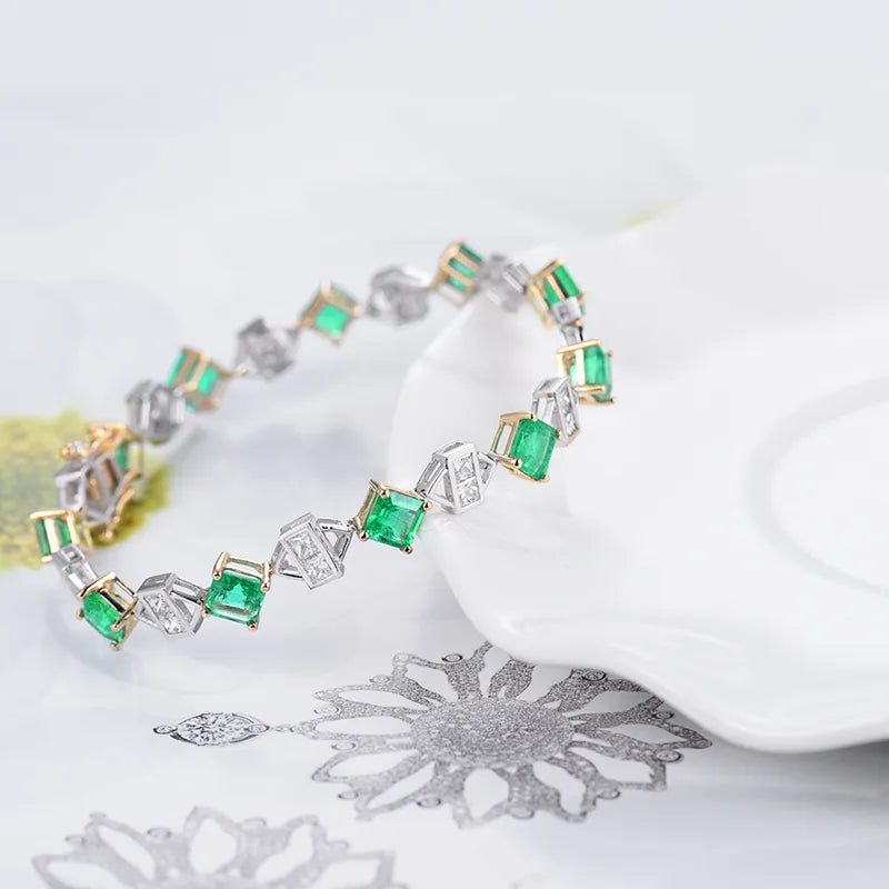 Emerald and Diamond Bracelets. Two Tone Gold. Princess Cutting.