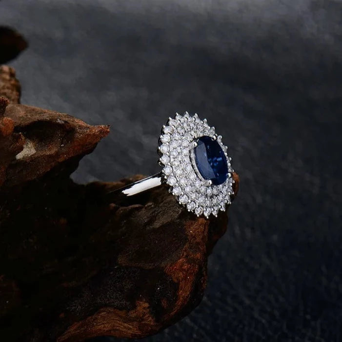 Oval Shaped Natural Sapphire and Diamond Rings. 18K White Gold.