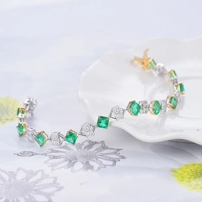 Emerald and Diamond Bracelets. Two Tone Gold. Princess Cutting.