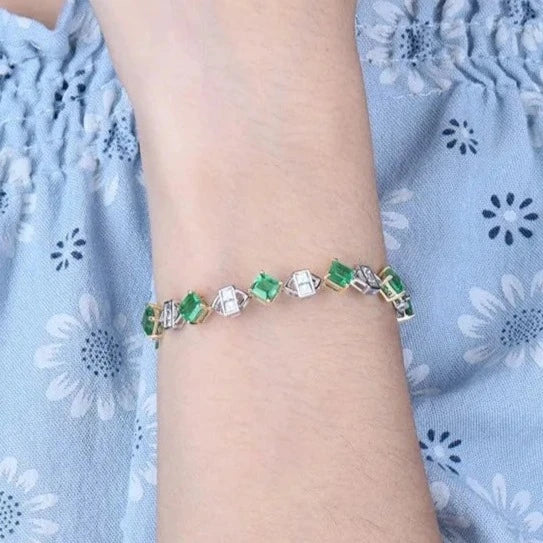 Emerald and Diamond Bracelets. Two Tone Gold. Princess Cutting.