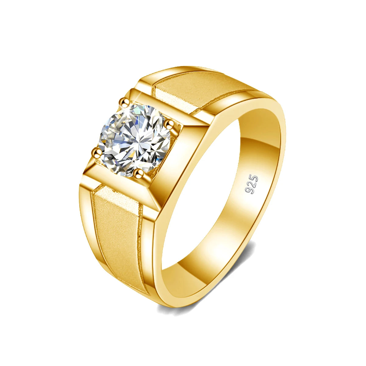 Moissanite Mens Rings. 2.0 Carat. D VVS1. 18K Gold Plated Silver.