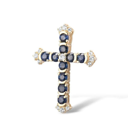 Luxury Cross Pendant. Blue and White Sapphire. 14K Yellow Gold.