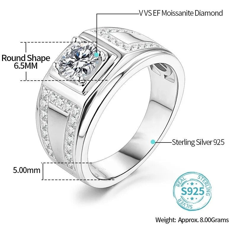 Luxury Moissanite Men Rings. 1.0 Carat. D VVS1.