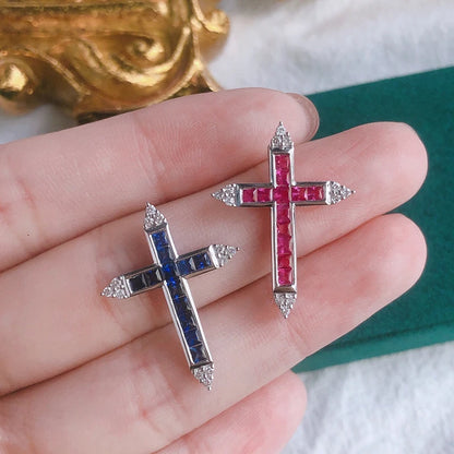 Natural Ruby, Sapphire, Diamond. Classic Cross Pendant Necklace.