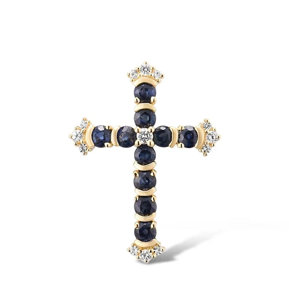 Luxury Cross Pendant. Blue and White Sapphire. 14K Yellow Gold.