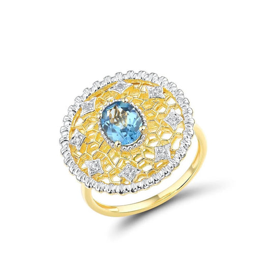 Blue Topaz and Diamond Big Round Rings. 14K Yellow Gold.