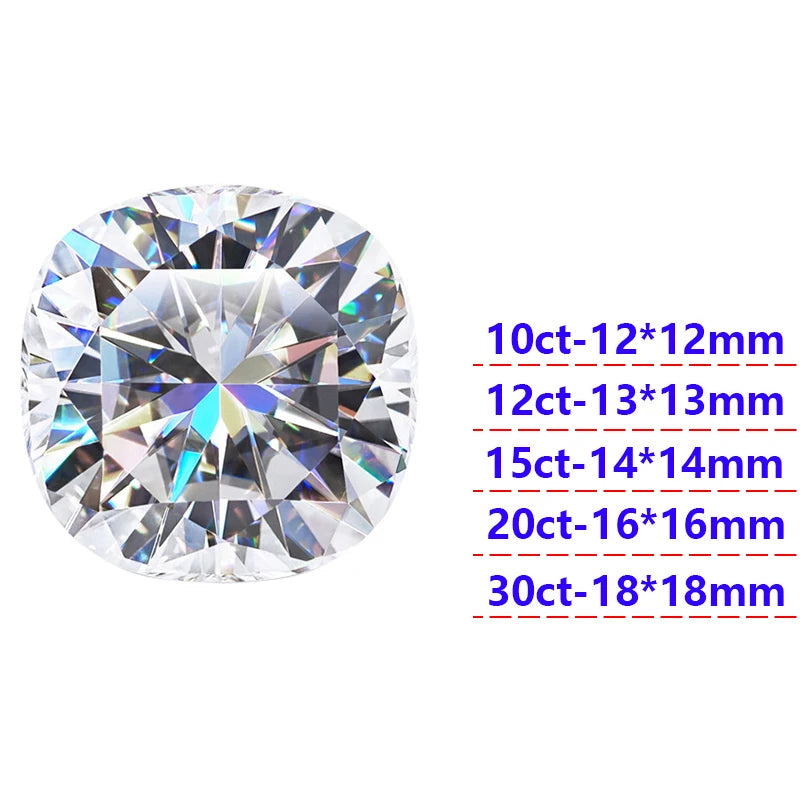 Cushion cut diamond with size and clarity details on a white background
