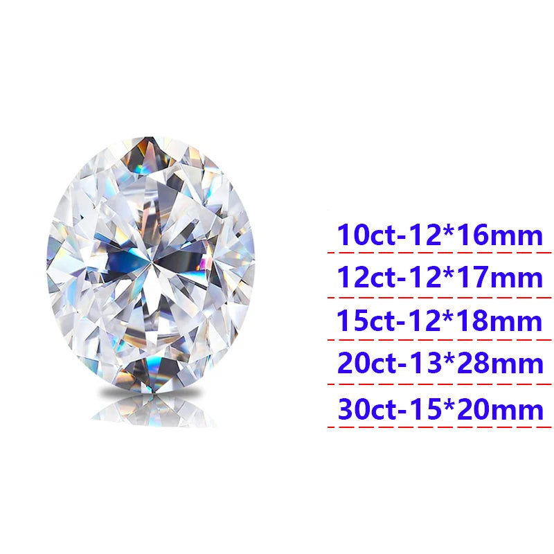 Oval-shaped moissanite diamond with size and clarity details on a white background