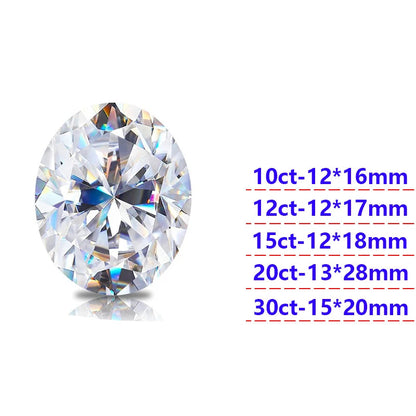 Oval-shaped moissanite diamond with size and clarity details on a white background