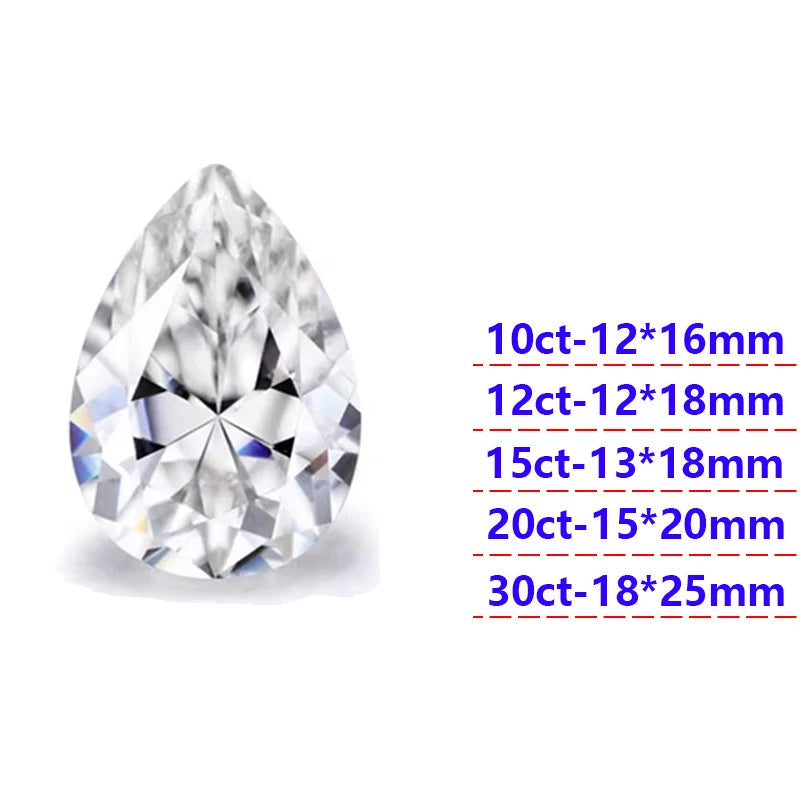 Pear-shaped moissanite with size and clarity details on a white backgroundite   