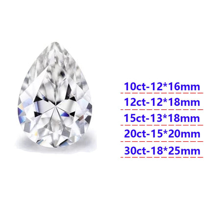 Pear-shaped moissanite with size and clarity details on a white backgroundite   