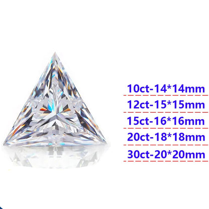 Triangle cut diamond with size and clarity details on a white background