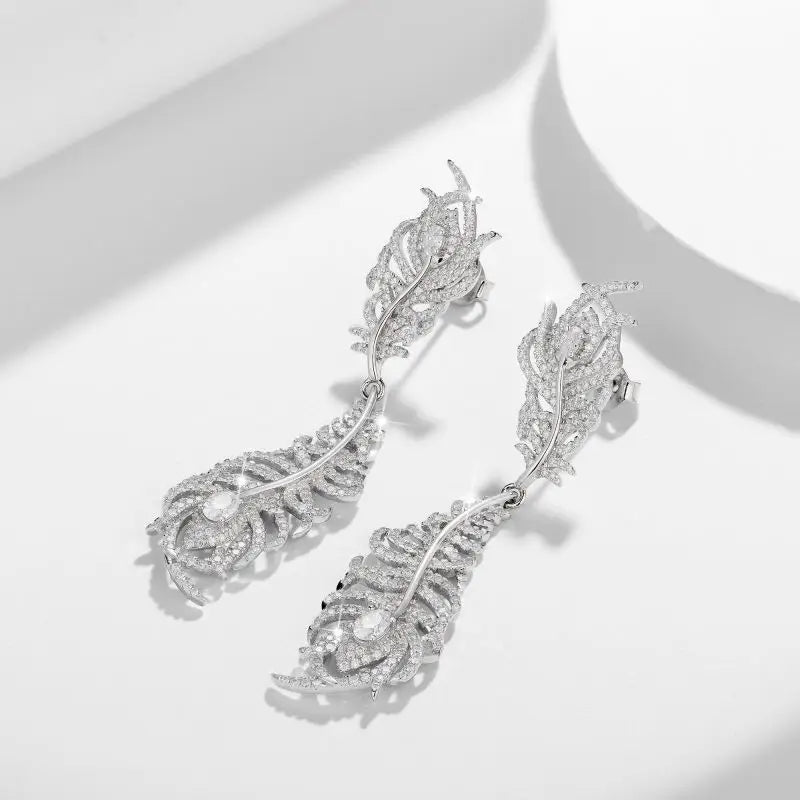 Leaf Design Moissanite Dangle Earrings in Sterling Silver, buy on line 