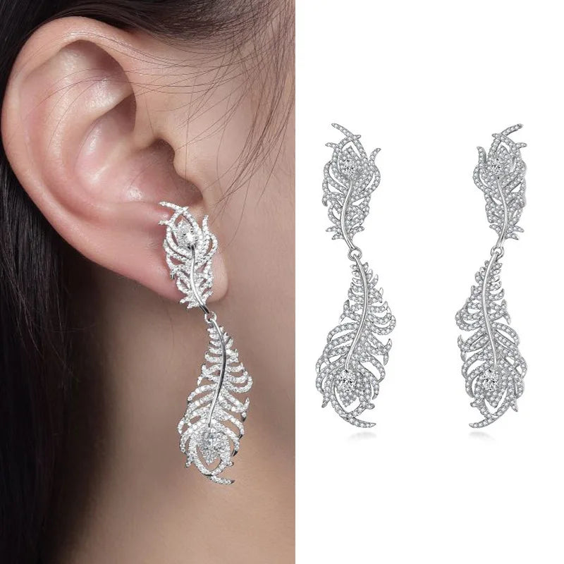 Leaf Design Moissanite Dangle Earrings in Sterling Silver
