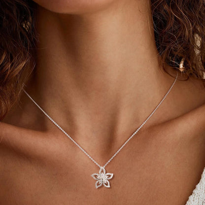 Silver necklace with a star-shaped pendant worn by a person