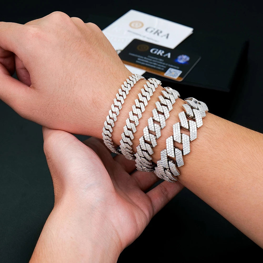 Moissanite Cuban Bracelets. 18K White Gold Plated Silver