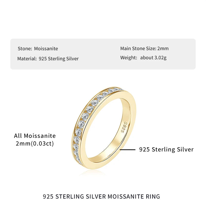 Gold ring with moissanite stones on a white background, featuring product information text.