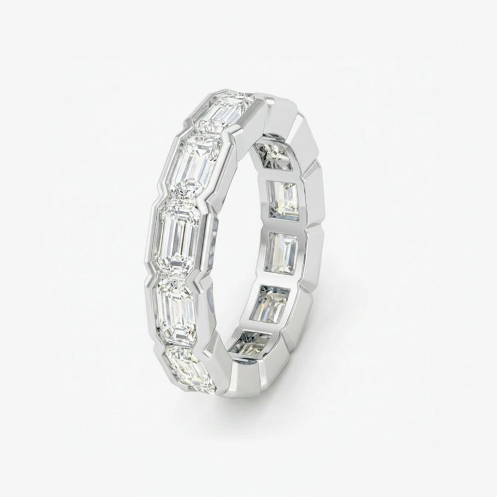 Silver ring with emerald-cut stones on a white background, labeled '925 Silver + Full moissanite' and 'white gold'.