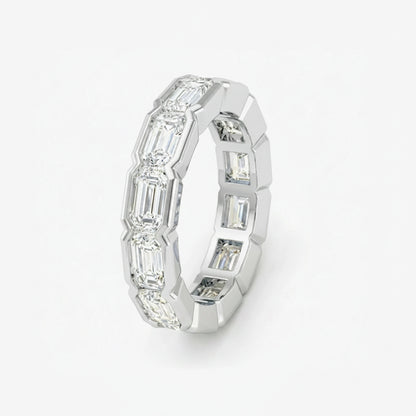 Silver ring with emerald-cut stones on a white background, labeled '925 Silver + Full moissanite' and 'white gold'.