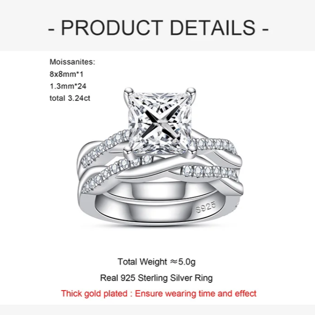 Princess Cut D Color Moissanite Engagement Ring Set 3.0 Carat. Ring details