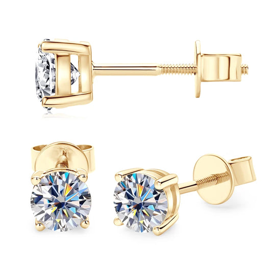 Gold Moissanite Stud Earrings. 6mm 0.80 Carat. 10K Gold.