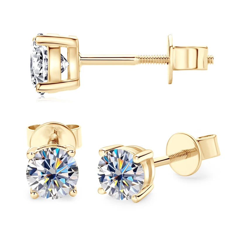 Gold Stud Earrings. Genuine Moissanite 8mm 2.0ct. Total 4.0 Carat.