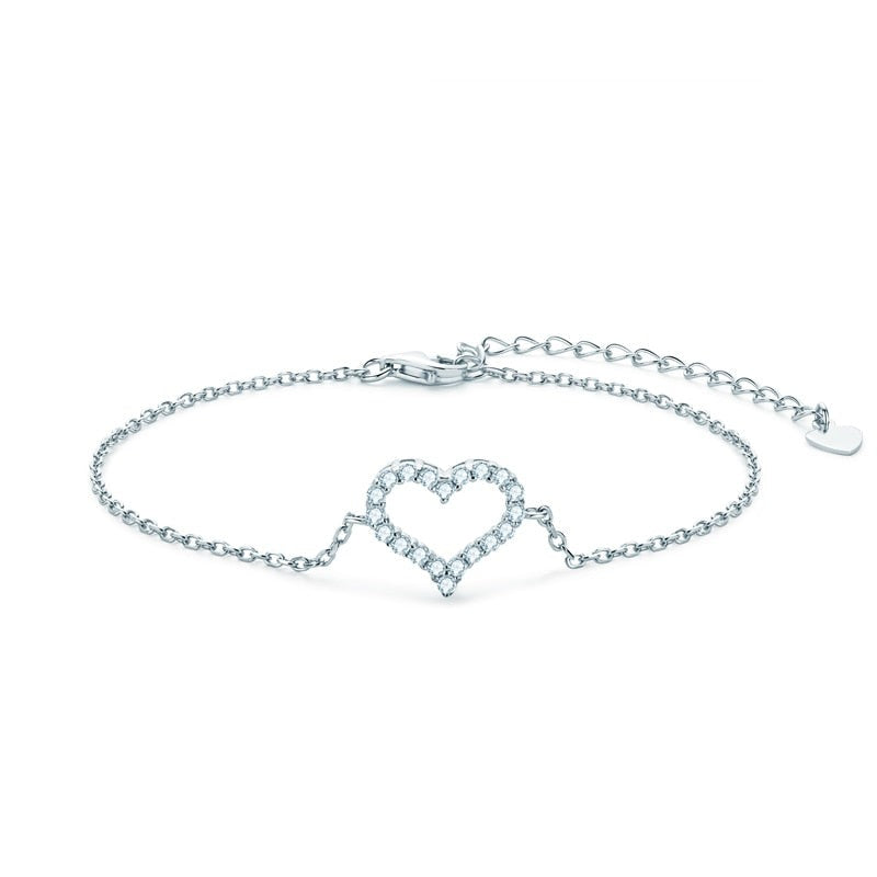 Heart-Shaped Moissanite Bracelets. 14K White Gold Plated Silver.