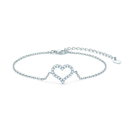 Heart-Shaped Moissanite Bracelets. 14K White Gold Plated Silver.