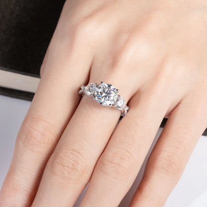 Elegant 3-Stone Halo Moissanite Ring - 4.25ct Total, All Moissanite.