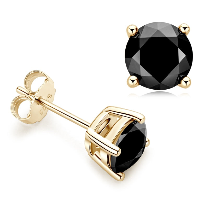 Black Moissanite Stud Earrings. 18K Gold Plated Silver. 1.0 to 4.0 Carats.