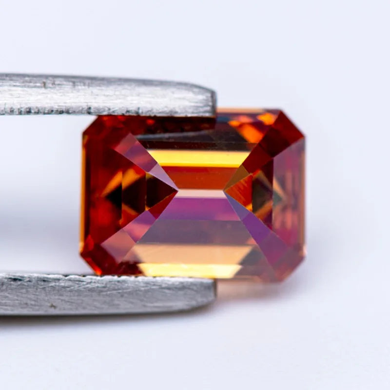 Loose Moissanite Gemstone. Watermelon Red Color. Emerald Cut.