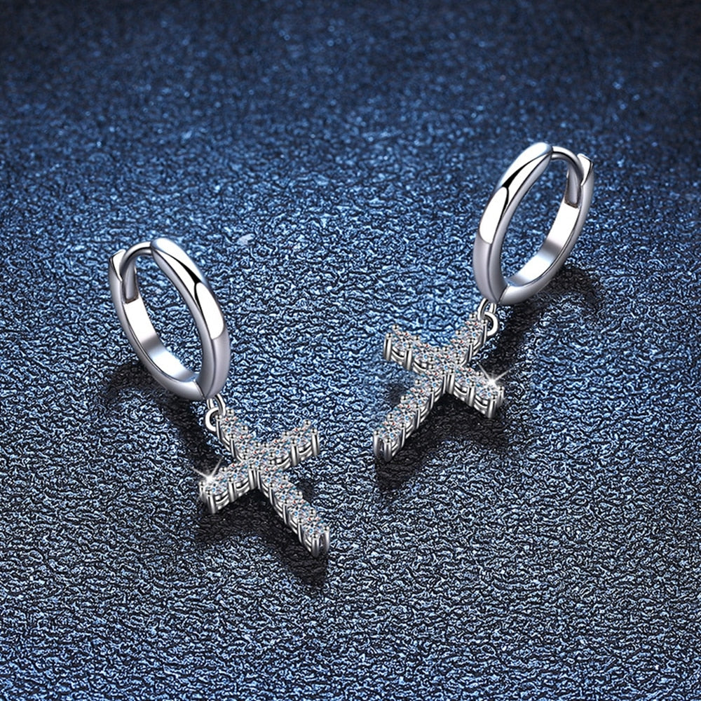 Cross-Shaped Genuine Moissanite Earrings. 18K White Gold Plated Silver.