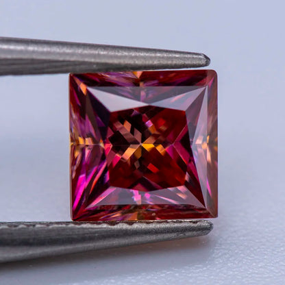 Loose Moissanite Stone. Watermelon Red Color. Princess Cut.