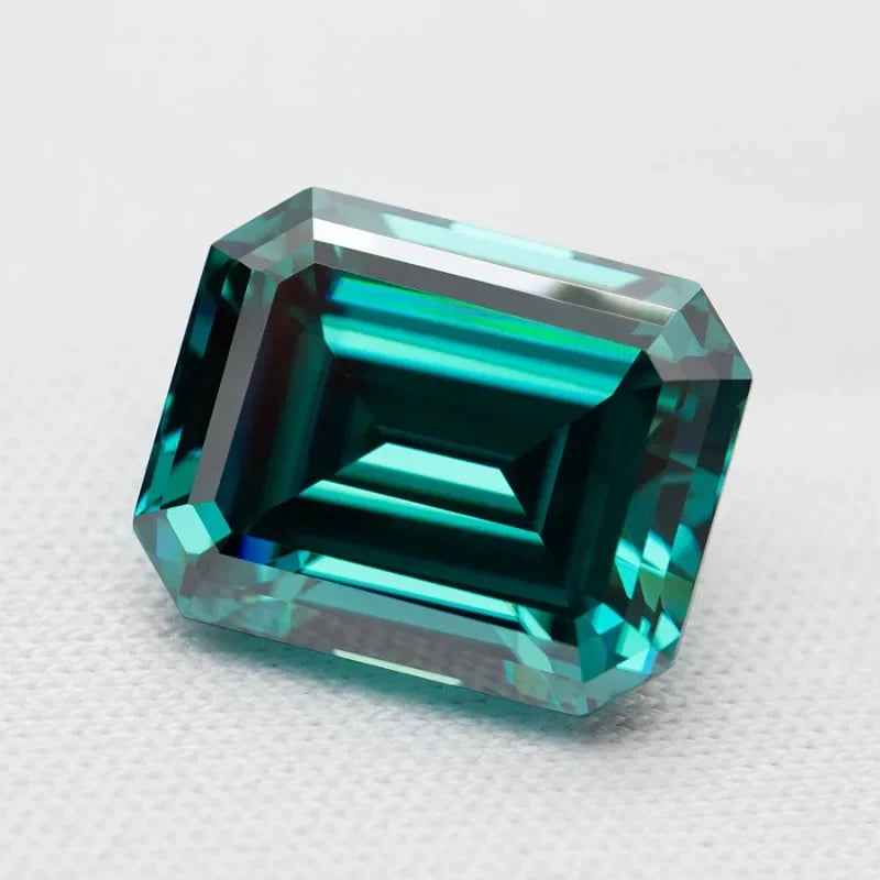 Emerald Cut Moissanite Gemstone. Green Emerald Color.