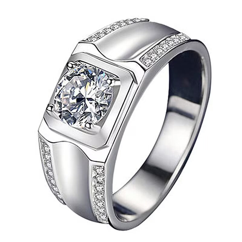 Luxury Moissanite Men Rings. 2.0 Carat D VVS1. Platinum Plated Silver.