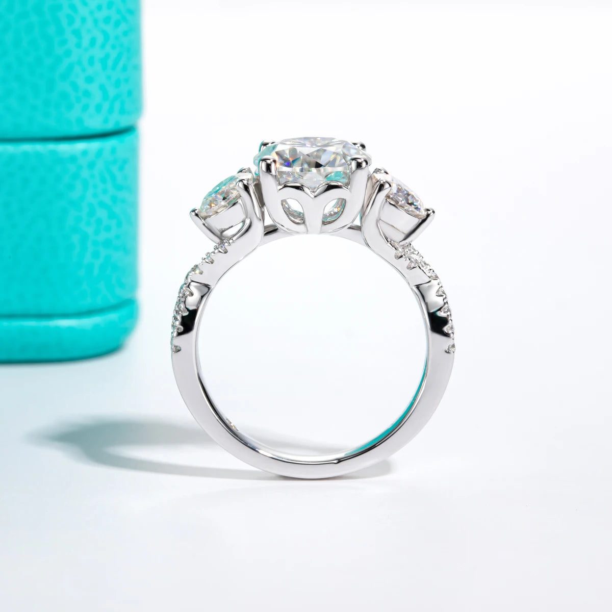 Elegant 3-Stone Halo Moissanite Ring - 4.25ct Total, All Moissanite.