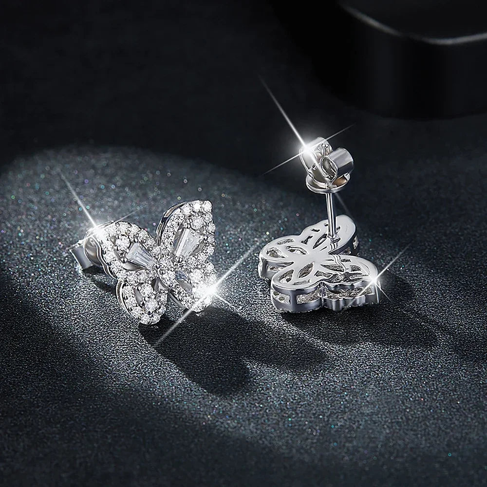 Butterfly Earrings. Moissanite Diamond Earrings. Platinum-Plated Silver.