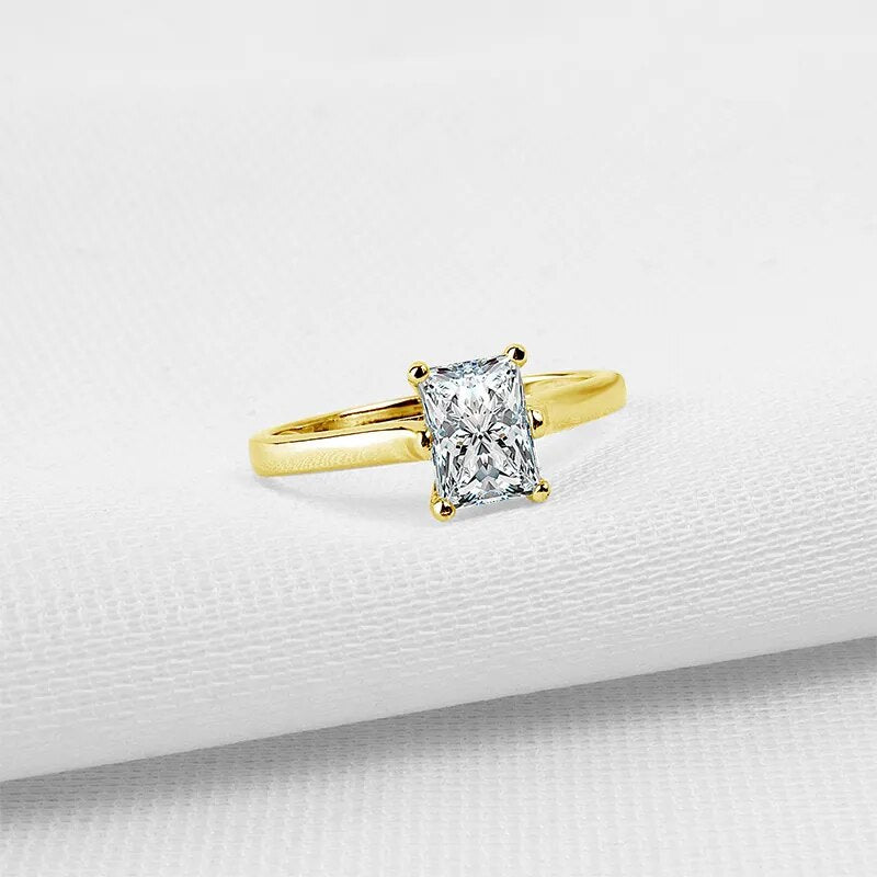 Emerald Cut. Genuine Moissanite Diamond Engagement Gold Rings.