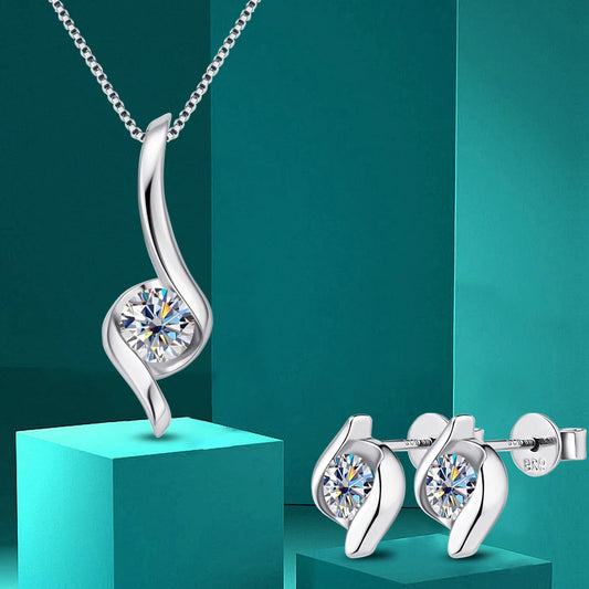 Jewelry Set. Moissanite Pendant - Earrings. Platinum-Plated Silver.