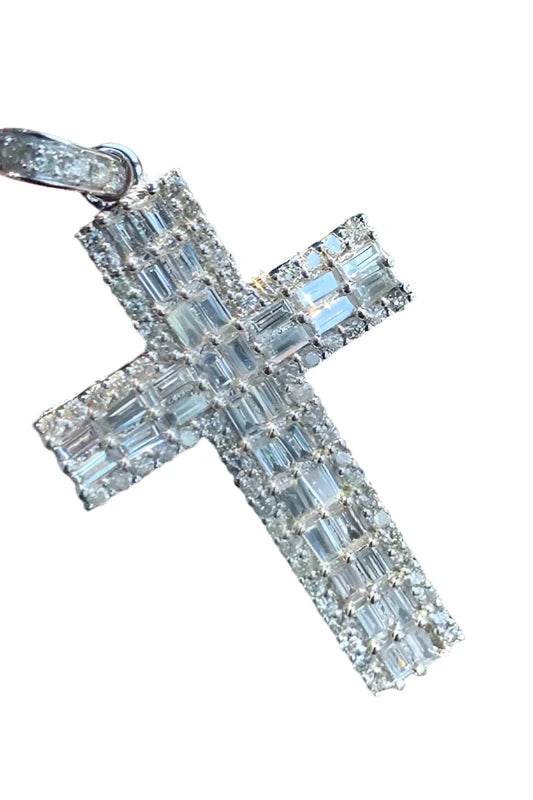 Natural Diamond Cross Pendant Necklace 1.80ct. 18K Gold.