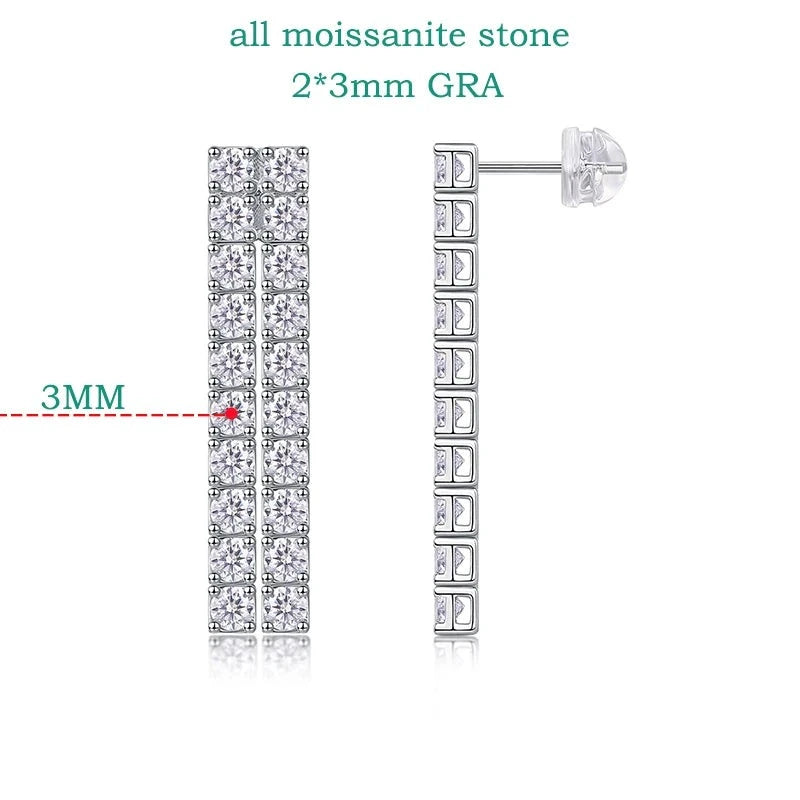 Moissanite Drop Earrings. Double Row Gemstones. Total 4.0 Carat.