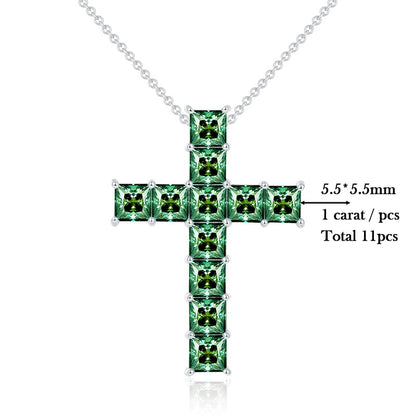 Cross Pendant Necklace. Green, Champagne, and Black Color Moissanite. Princess cut gemstones.