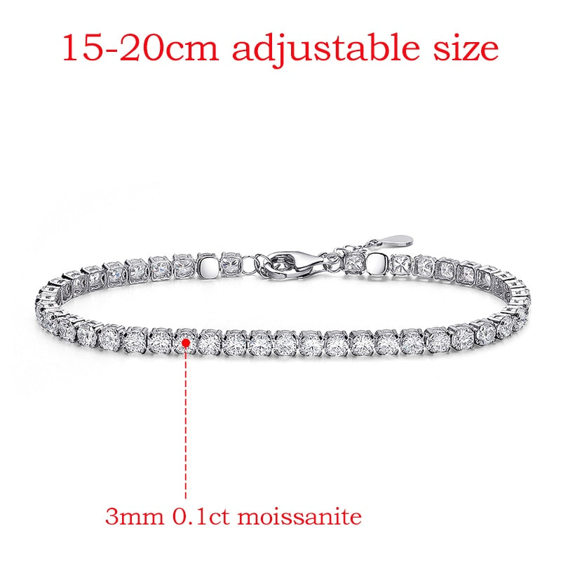 Moissanite Tennis Bracelets. 3mm D VVS1, 18K White Gold Plated Silver