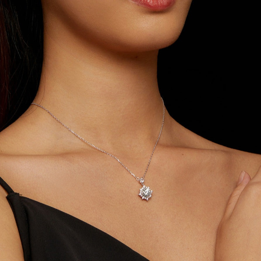 Luxury Moissanite Pendant Necklace. Platinum Plated Silver.