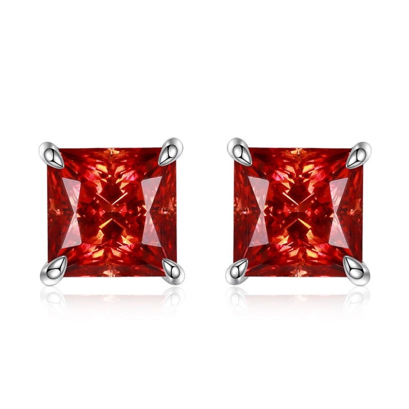 Red princess cut moissanite earrings