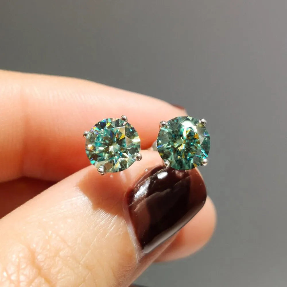 Moissanite Stud Earrings. 0.30 to 2 Carat. Blue Green Genuine Moissanite Diamond.