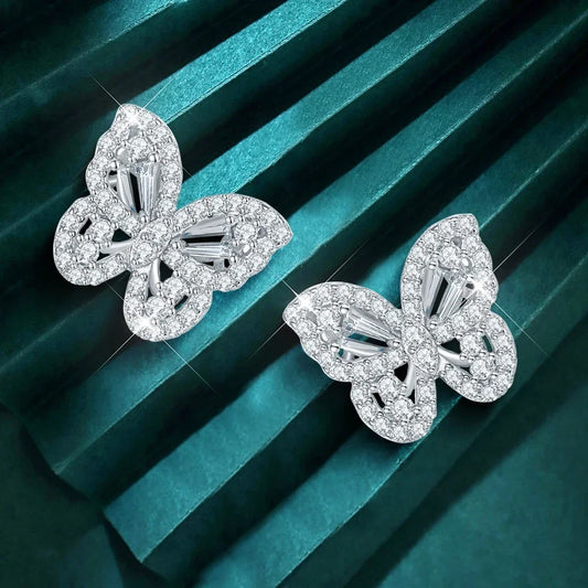 Butterfly Earrings. Moissanite Diamond Earrings. Platinum-Plated Silver.