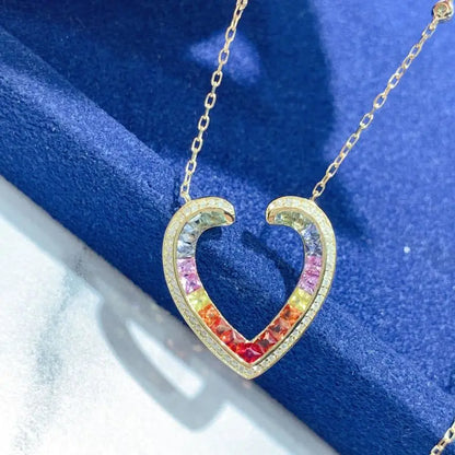 Natural Sapphire, Natural Diamond. Rainbow Color Heart Necklace.