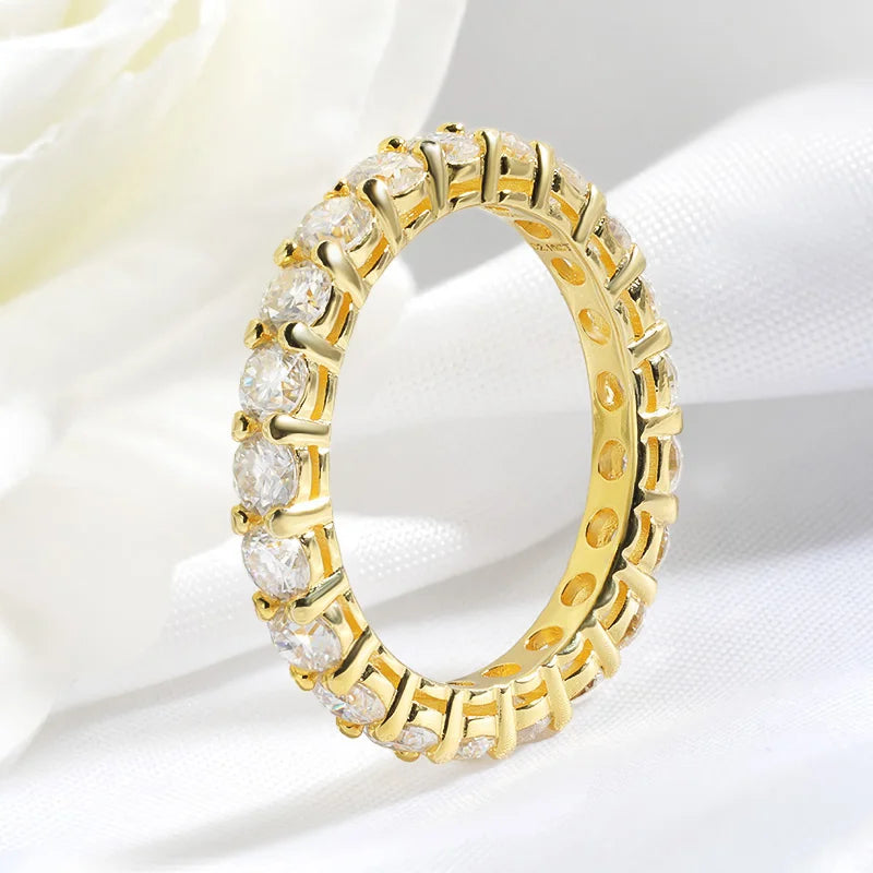 Moissanite Eternity Rings. 3.60 Carat. 18K Yellow Gold Plated Silver.