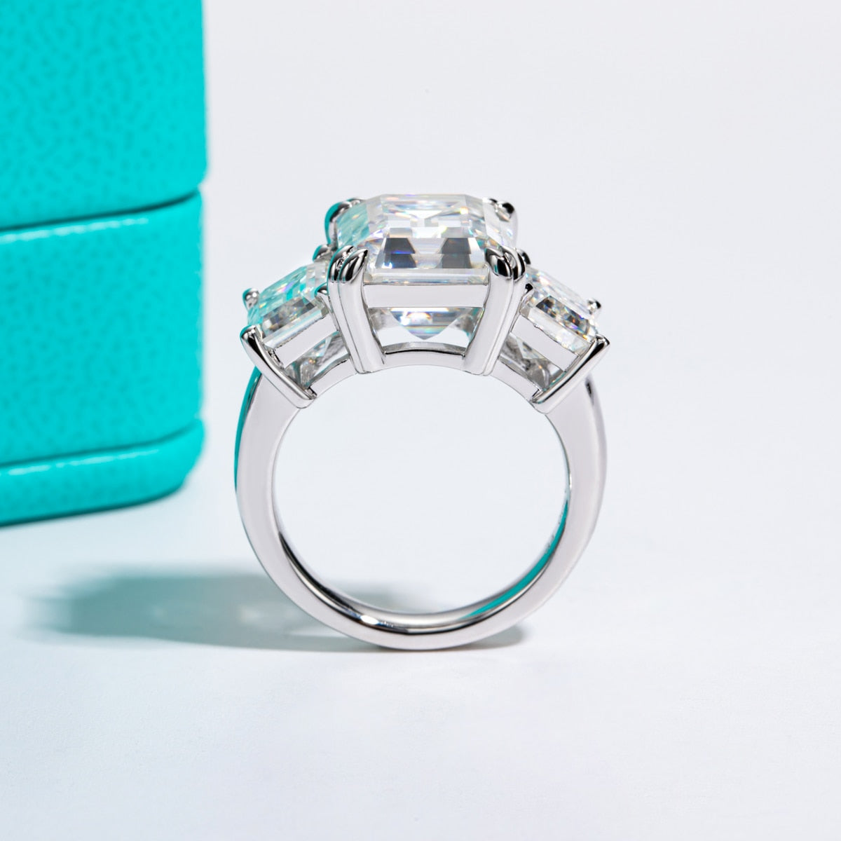 Luxury Engagement Rings. Emerald Cut. 12.0 Carat Genuine Moissanite. 3 Stones Rings.